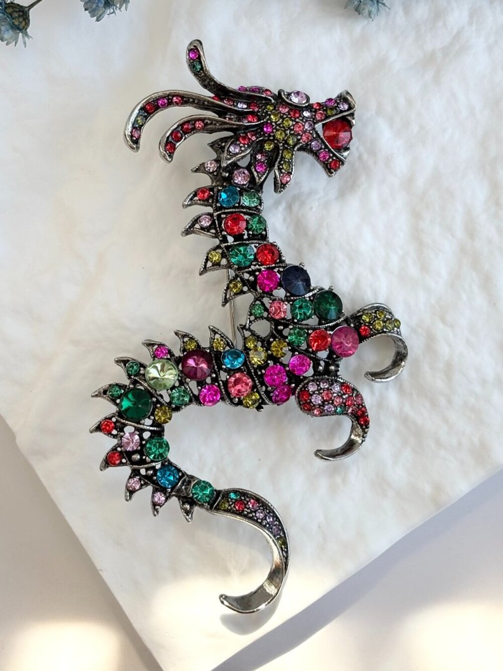 Mint Rainbow Rhinestone Dragon Silver Toned Vintage Style Inspired Brooch Pin